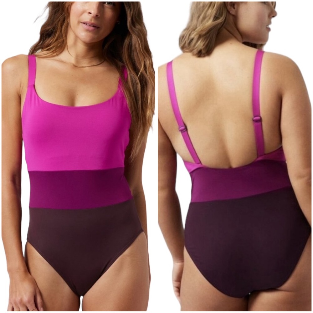 Athleta Coastline One Piece Swimsuit Pink Purple Color Block Women's size Medium